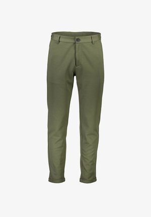 Olivgrüne Hose mit geradem Bein, seitlichen Taschen und Knopfverschluss. Der Stoff hat eine glatte Textur und umgekrempelte Säume.