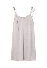 Jasnoszara sukienka bez rękawów z regulowanymi ramiączkami, charakteryzująca się gładką teksturą i luźnym krojem. Brak wzorów lub dekoracyjnych akcentów.