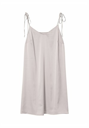 Light gray sleeveless dress with adjustable tie straps, featuring a smooth texture and a loose silhouette. No patterns or decorative accents.