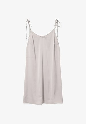 Jasnoszara sukienka bez rękawów z regulowanymi ramiączkami, charakteryzująca się gładką teksturą i luźnym krojem. Brak wzorów lub dekoracyjnych akcentów.