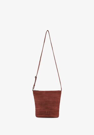 Borsa a tracolla in pelle marrone con tracolla regolabile e strisce orizzontali strutturate, chiusa con zip superiore.