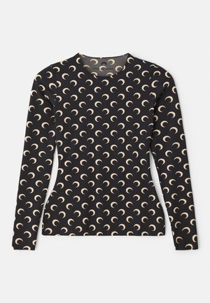 Maglia nera a maniche lunghe con un motivo a mezzaluna ripetuto in beige. Presenta un collo rotondo e un tessuto morbido e elasticizzato.