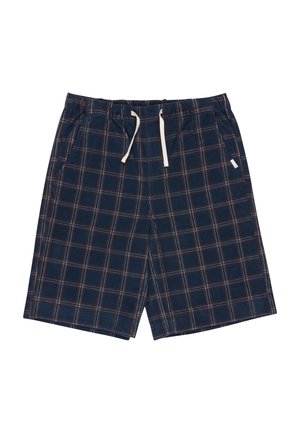 Marineblaue karierte Shorts mit weißen und roten dünnen Linien, elastischem Bund und weißem Kordelzug, mit Seitentaschen.