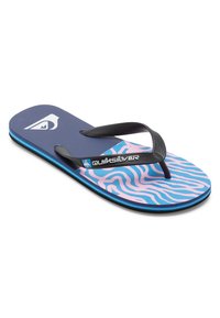 Laivaston värinen flip-flop mustilla remmeillä, jossa on vaaleanpunainen ja sininen seepraraitakuosi pohjassa. Quiksilver-logo näkyvissä.