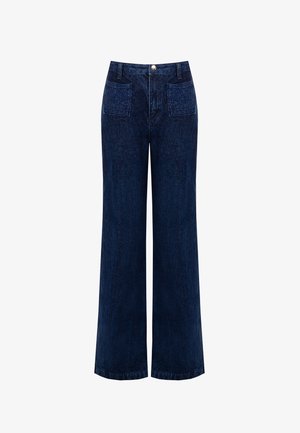 Weite Jeans aus dunklem Denim mit Knopfverschluss, zwei Gesäßtaschen und feiner Textur. Keine sichtbaren Muster oder Akzente.