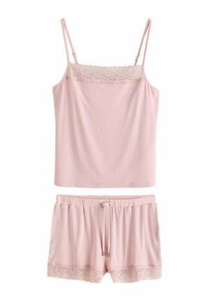 Hellrosa Damenpyjama-Set mit Spitzensaum, bestehend aus einem Oberteil mit Spaghettiträgern und Shorts mit Kordelzug.