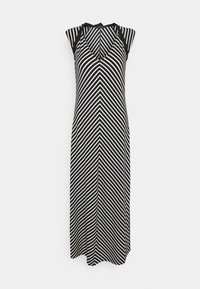 Sukienka maxi bez rękawów z dekoltem w kształcie litery V. Wykonana z czarno-białej tkaniny z przekątnymi paskami. Gładka tekstura, luźna sylwetka.