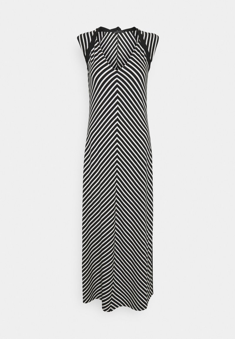 Sukienka maxi bez rękawów z dekoltem w kształcie litery V. Wykonana z czarno-białej tkaniny z przekątnymi paskami. Gładka tekstura, luźna sylwetka.