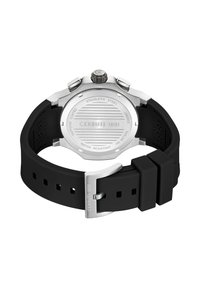 Orologio Cerruti 1881 con cassa in acciaio inossidabile, cinturino in silicone nero e fondello in acciaio inossidabile incassato. Resistente all'acqua fino a 100 metri.