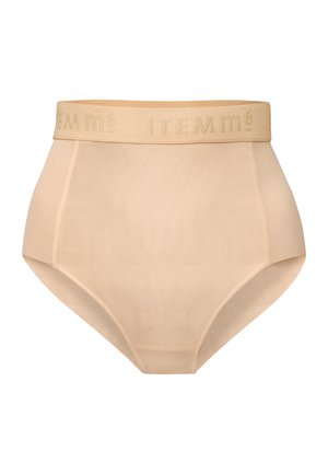 Huidkleurige high-waisted onderbroek van een rekbare, doorschijnende stof. Kenmerkt een elastische band met de merknnaam "ITEM m6" erop gedrukt.