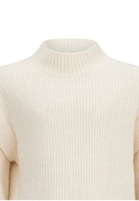 Cremfarbener ribbeliger Strickpullover mit hohem Kragen und überschnittenen Schultern. Weiche Textur, lange Ärmel, minimalistisches Design.