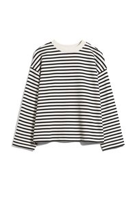 Gestreiftes Langarmshirt mit schwarz-weißen horizontalen Streifen, weichem Textil, Bootsausschnitt und überschnittenen Schultern.