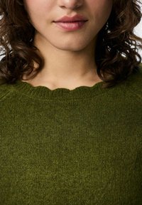 Donkergroen sweater met een geschulpte halslijn en een gebreid patroon. De stof lijkt zacht met een licht gemêleerd uiterlijk.