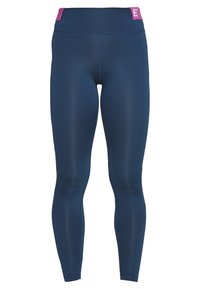 Námořnické modré legíny s hladkým texturem, vysokým pasem a růžovými akcenty na pasu. Navrženy pro těsný atletický styl.