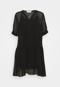 Abito nero in tessuto leggero, con maniche corte e trasparenti, una chiusura con bottoni e un orlo svasato con un design a strati.