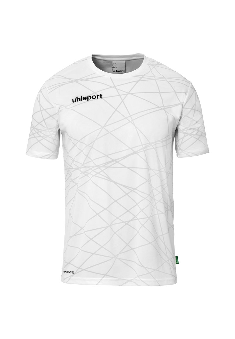 Witte sportshirt met korte mouwen en een gestructureerd patroon van grijze lijnen. Heeft een zwart logo op de bovenste linkerkant van de borst en een groen accentlabel.