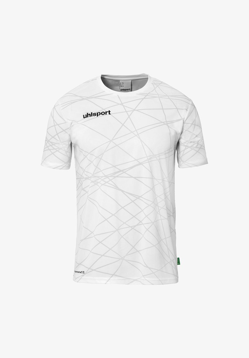 Witte sportshirt met korte mouwen en een gestructureerd patroon van grijze lijnen. Heeft een zwart logo op de bovenste linkerkant van de borst en een groen accentlabel.
