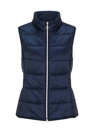 Navyblauw, gewatteerd vest in puffer-stijl gemaakt van glanzend nylon, met een staande kraag, een rits aan de voorkant en een horizontale gestikte uitstraling.