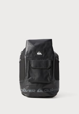 Black waterproof backpack with a roll-top closure, front pocket, mesh side panels, and gray "Quiksilver" logo on the bottom.