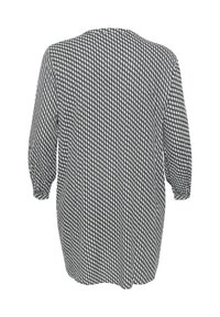 Bluza s dugim rukavima u crno-bijelom uzorku, slobodnog kroja i okruglim izrezom. Tkanina je lagana s glatkom teksturom.