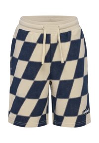 Rutig shorts i beige och marinblå, tillverkade av mjukt tyg. Har resårmidja och dragsko, med en logopatch på sidan.