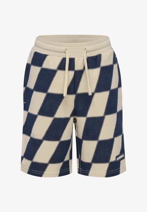 Beige und marineblau karierte Shorts aus weichem Stoff. Verfügt über einen elastischen Bund und eine Schnürung sowie ein Logo-Patch an der Seite.