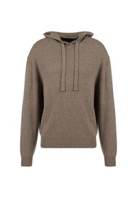 Brown hooded sweater made of soft knit fabric, featuring a relaxed fit, ribbed cuffs and hem, and adjustable drawstrings on the hood.