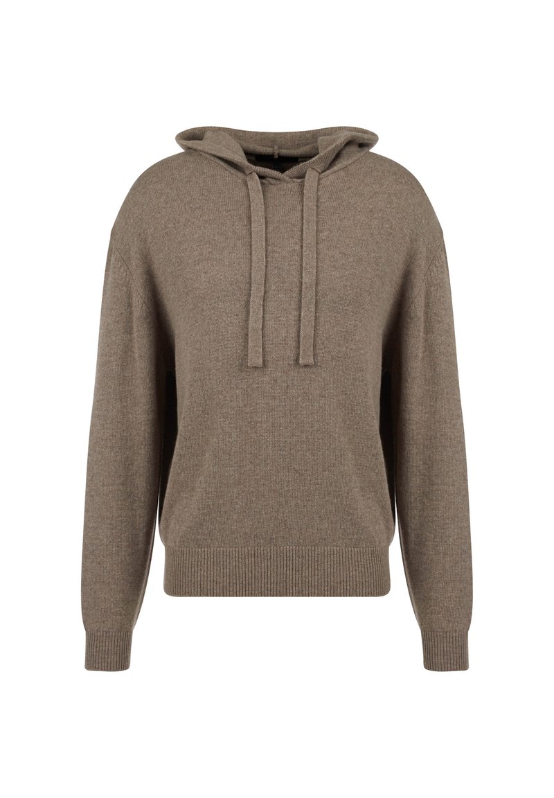 Brown hooded sweater made of soft knit fabric, featuring a relaxed fit, ribbed cuffs and hem, and adjustable drawstrings on the hood.