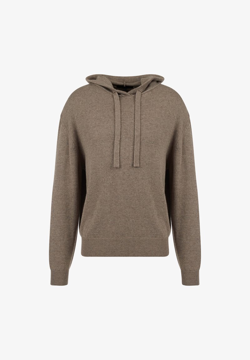 Brown hooded sweater made of soft knit fabric, featuring a relaxed fit, ribbed cuffs and hem, and adjustable drawstrings on the hood.