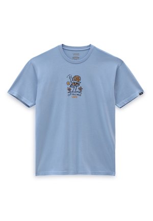 Light blue cotton t-shirt featuring a whimsical embroidered design of a snail, flowers, and sun, with "off the wall" text below the artwork.