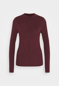 Viininpunainen, pitkähihainen paita, joka on valmistettu pehmeästä ja joustavasta kankaasta; siinä on korkea kaulus ja vartalonmyötäinen siluetti, sileä tekstuuri.