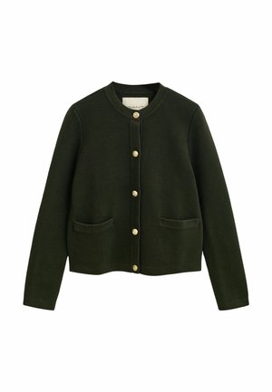 Dark green knitted cardigan with long sleeves, round neck, gold buttons down front, and two front pockets.