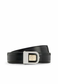 Zwarte leren riem met een gladde afwerking. Voorzien van een rechthoekige metalen gesp in zilver en goud met reliëf logo-detail.