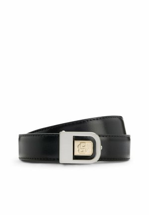 Ceinture en cuir noir avec une finition lisse. Caractérisée par une boucle en métal rectangulaire en argent et or avec des détails en relief du logo.