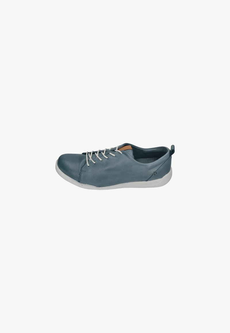 Blue leather sneaker with white sole, lace-up design, rounded toe, and a contrasting brown leather accent on the heel. Smooth texture.