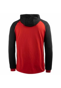 Maglietta a maniche lunghe rossa con cappuccio, con maniche e cappuccio a fantasia nera, caratterizzata da una finitura a coste nei polsini e nell'orlo. Tessuto liscio, vestibilità atletica.