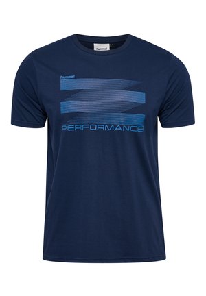 Dunkelblaues T-Shirt aus weichem Stoff, mit einem grafischen Design aus horizontalen Linien und dem Wort "PERFORMANCE" in Hellblau.