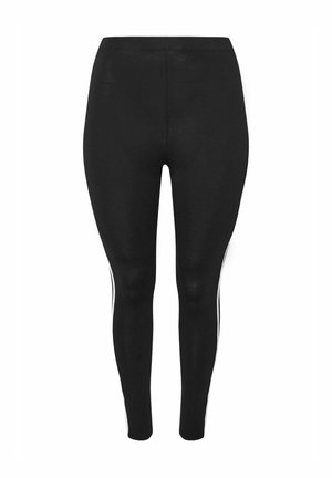 Black leggings made from stretchy fabric, featuring two white side stripes and a high waistband for a fitted silhouette.