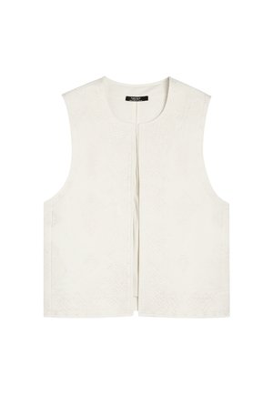 Bezrękawnik w kolorze białym z subtelnie haftowanymi wzorami geometrycznymi oraz okrągłym dekoltem, wyeksponowany na płasko na białym tle.