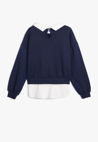 Granatowy sweatshirt z białym kołnierzykiem, długimi rękawami, prążkowanymi mankietami i dolnym wykończeniem. Posiada zapięcie w kształcie dziurki z tyłu oraz warstwę białego materiału.