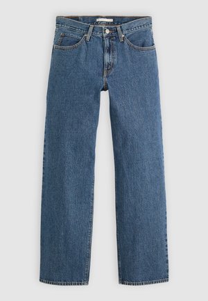 Jean en denim bleu avec une coupe droite, comportant cinq poches, une fermeture à bouton et des coutures contrastées le long des coutures.