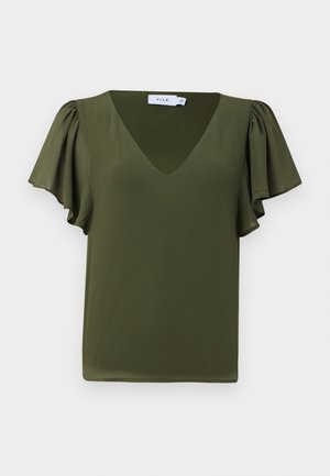 Top scurt cu mânecă scurtă de culoare verde măslinie, cu decolteu în V, având mâneci moi, plisate și un material neted, ușor. Fără modele sau accente vizibile.