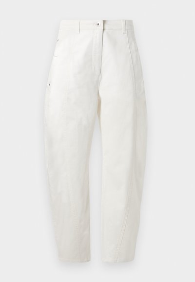 Valged puuvillased püksid mugava lõikega, millel on nööbi sulgemine, küljetaskud ja peened õmbluse detailid.