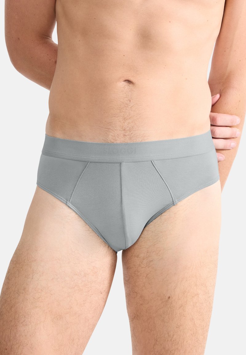 Gray cotton briefs featuring a soft, elastic waistband and a smooth texture with stitched accents on the front and sides.