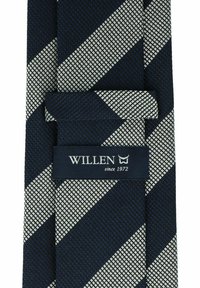 Marineblauer Krawatte mit silbernen diagonalen Streifen. Gewebte Textur, mit einem markengeschützten Etikett "WILLEN seit 1972" auf der Vorderseite.