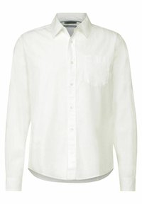 Bílá košile s dlouhým rukávem na knoflíky vyrobená z lehké tkaniny, s kapsou na levé straně, klasickým límcem a zakřiveným lemem.