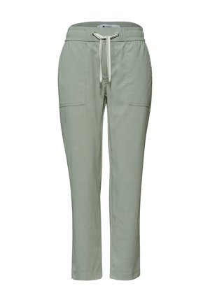 Lysegrå afslappede bukser med elastisk talje, hvid snor og forlommer med lapper, lige ben pasform.