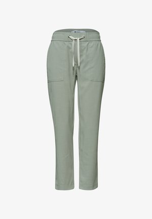 Pantaloni casual grigio chiaro con fascia elastica in vita, coulisse bianca e tasche applicate frontali, vestibilità a gamba dritta.