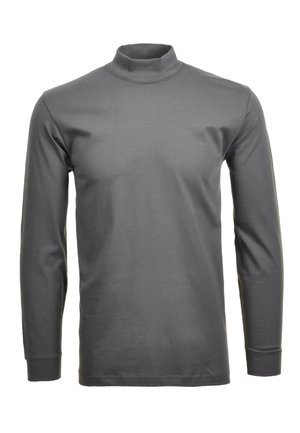 Graues Langarmshirt mit Rollkragen aus weicher Baumwolle. Verfügt über einen hohen Kragen und dehnbare Bündchen; glatte Textur ohne sichtbare Muster.