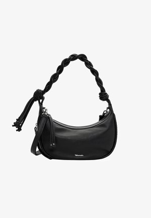 Mustast nahast õlakott kaardus kujuga, punutud ülemise sangaga, hõbedaste detailide ja küljetutidega. Sile tekstuur ja õrn läige.